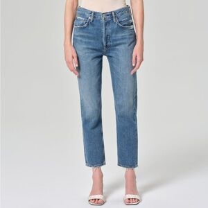 Agolde medium blue wash Riley Crop high rise straight ankle jeans - 24 W 26 L